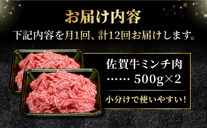 全12回定期便】＜佐賀牛100%！＞佐賀牛A5ランク ミンチ 1kg（500g×2