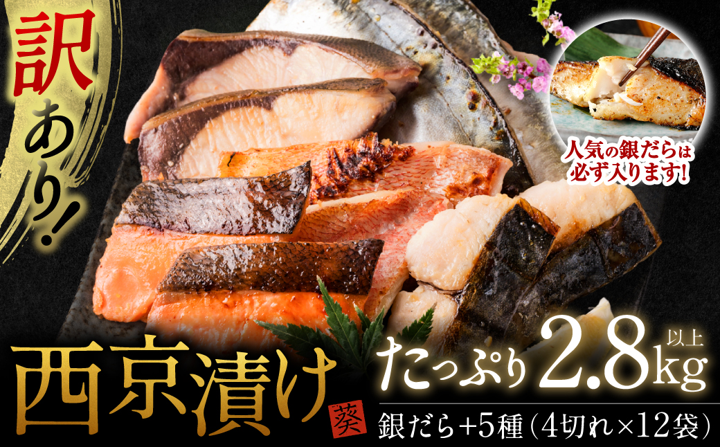 【順次発送】【訳あり】厳選 鮮魚 西京漬け 2.8kg 銀だら入り たっぷり 6種 48枚 西京焼き 4切れ×12袋