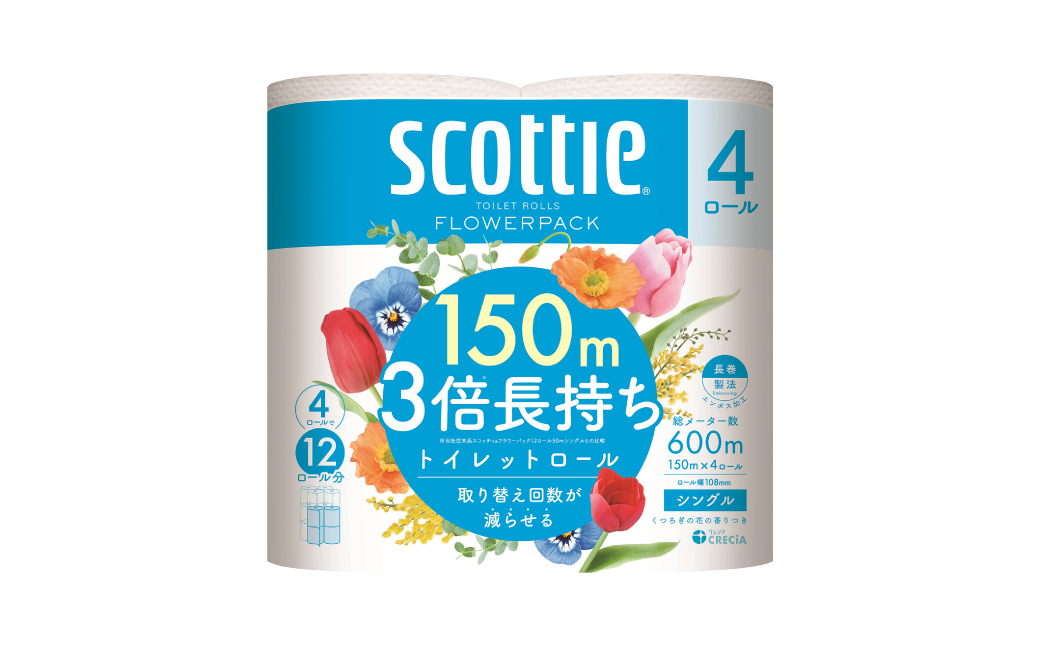 【スコッティ】フラワーパック 3倍長持ち 4ロール（シングル）x 1パック 合計4ロール 香りつき 日用品 生活必需品