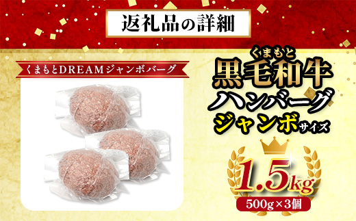 ビッグサイズ！くまもと 黒毛和牛 DREAMジャンボバーグ 500g×3パック 計1.5g 《 牛肉 100％ 国産 大きな ボリューム ハンバーグ お祝い パーティ 熊本 ブランド牛 黒毛 和牛 上質 はんばーぐ 惣菜 熊本県 》 113-0509