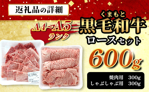 A4・A5 くまもと黒毛和牛 ロース セット 計600g ( すき焼き / 焼肉 各300g ) 本場 熊本県 ブランド 牛 黒毛 和牛 厳選 A4以上 肉 上質 熊本県 113-0506