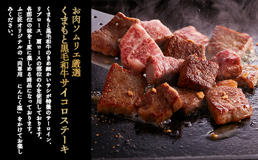 【ふじ匠】くまもと黒毛和牛 の サイコロステーキ 200g×2 計400g オリジナル・スパイス「肉専用にんにく塩」1瓶 付き 【 ソムリエ 厳選 ブランド牛 くまもと 黒毛和牛 ステーキ スパイス 付き サイコロ 3度楽しめる 牛肉 ペッパー 肉 黒毛 和牛 肉 】104-0002