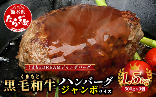 ビッグサイズ！くまもと 黒毛和牛 DREAMジャンボバーグ 500g×3パック 計1.5g 《 牛肉 100％ 国産 大きな ボリューム ハンバーグ お祝い パーティ 熊本 ブランド牛 黒毛 和牛 上質 はんばーぐ 惣菜 熊本県 》 113-0509