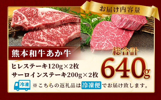 熊本県産 あか牛 極上 ヒレ ＆ サーロイン ステーキ セット 計640g 【 あか牛 ヒレス テーキ 120g×2枚、あか牛 サーロイン ステーキ 200g×2枚 】 和牛 ひれ サーロイン 肉 赤身 ステーキ 赤身 熊本県産 褐毛和種 霜降り 046-0631