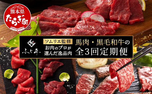 【定期便3回】お肉ソムリエ監修 馬肉・黒毛和牛 定期便 熊本県 ( 馬刺し 食べ比べ / くまもと黒毛和牛 焼肉 / 馬刺し赤身食べ比べ ) ソムリエ セレクト 本場 熊本県 馬肉 牛肉 黒毛和牛 肉 食べ比べ ヘルシー くまもと 104-0501