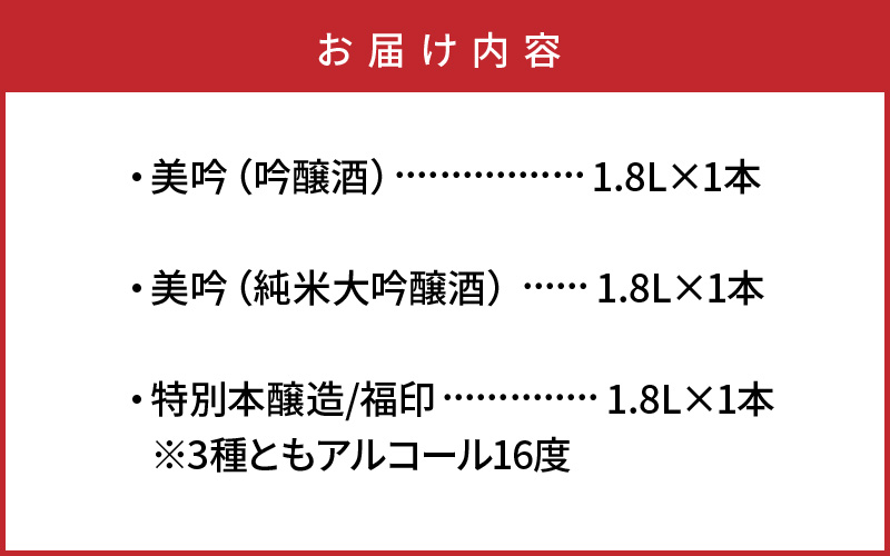 西の関「美吟/純米酒、美吟/吟醸酒、超特選/福印」 ・通