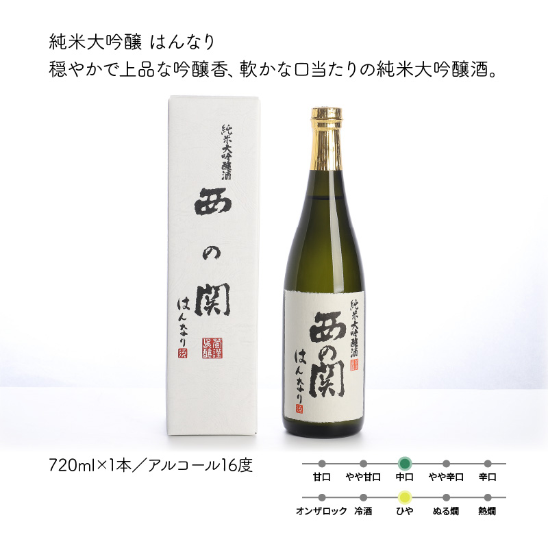 西の関「純米大吟醸はんなり、美吟/純米酒、美吟/吟醸酒」 ・通