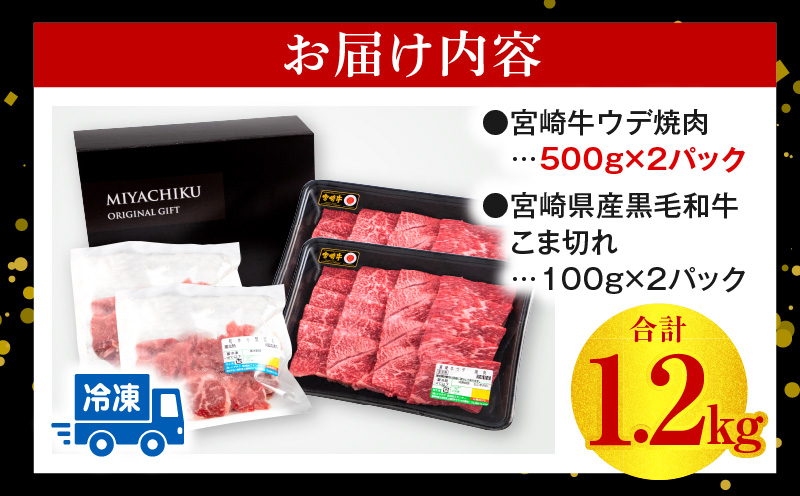 【期間限定】宮崎牛ウデ焼肉500g×2 宮崎県産黒毛和牛小間切れ100g×2 合計1.2kg_M132-022-01-UP