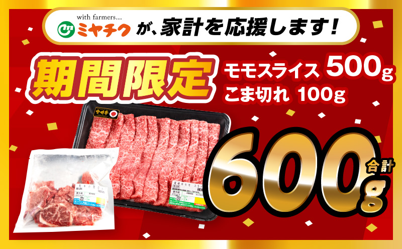 【期間限定】宮崎牛モモスライス500g 宮崎県産黒毛和牛小間切れ100g 合計600g_M132-025-01-UP