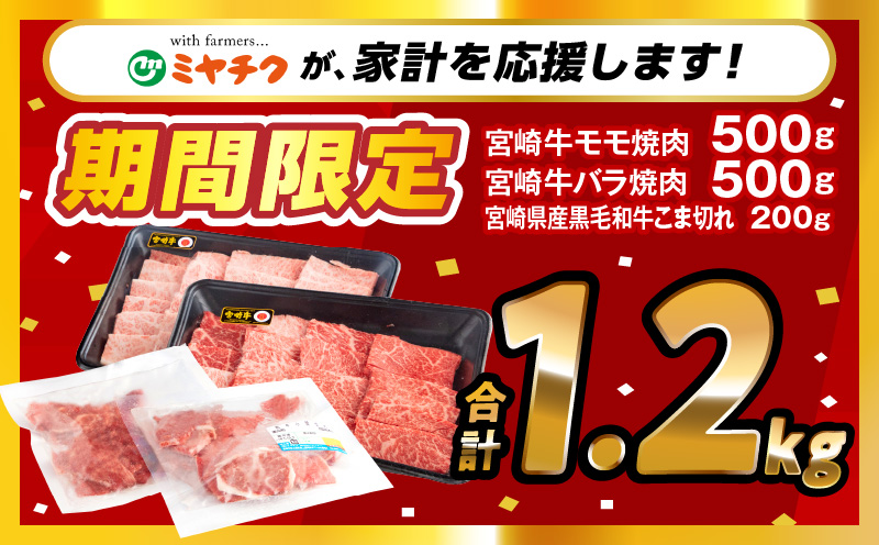 【期間限定】宮崎牛モモ焼肉500g×1 宮崎牛バラ焼肉500g×1 宮崎県産黒毛和牛小間切れ100g×2 合計1.2kg_M132-027-UP