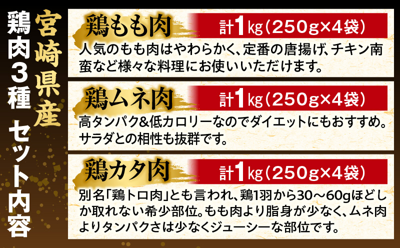 宮崎県産若鶏　モモ肉　ムネ肉　カタ肉の3種セット（総重量3キロ）小分け・カット済・真空冷凍_M146-003_01