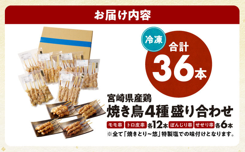 【調理済み】宮崎県産焼き鳥（特製塩）セット4種（36本）盛り合わせ（冷凍）_M146-014