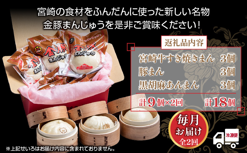 【定期便 全2回お届け】金豚まんじゅうセット（宮崎牛すき焼きまん3個・自慢の豚まん3個・黒ごまあんまん3個）_M166-T001-2