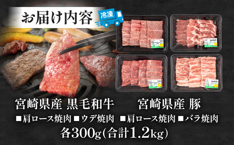 宮崎県産 豚肩ロース・豚バラ 黒毛和牛 肩ロース・ウデ 焼肉 各300g×1 合計1.2kg_M132-032