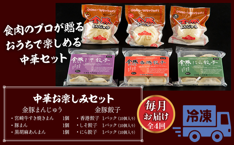 【定期便 全4回お届け】金豚中華お楽しみセット（宮崎牛すき焼きまん・自慢の豚まん・黒ごまあんまん、香港餃子、しそ餃子、にら餃子　各1種類）_M166-T003-4