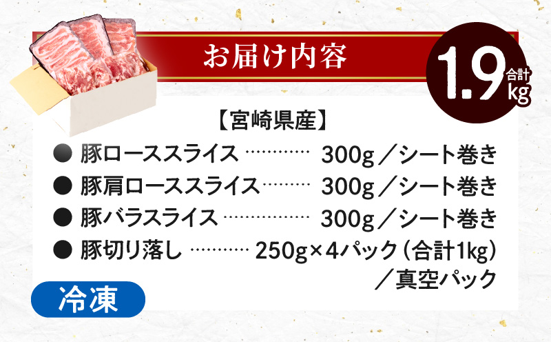 宮崎県産豚 しゃぶしゃぶ 切り落し セット 合計1.9kg_M241-007