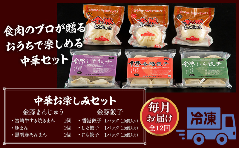 【定期便 全12回お届け】金豚中華お楽しみセット（宮崎牛すき焼きまん・自慢の豚まん・黒ごまあんまん、香港餃子、しそ餃子、にら餃子　各1種類）_M166-T003-12