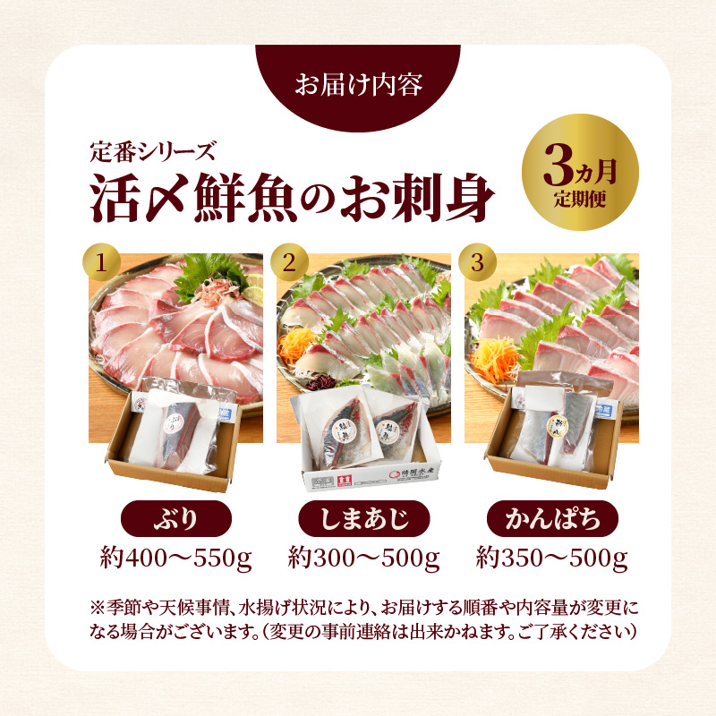 定期便 定番シリーズ 活〆鮮魚のお刺身 （3ヶ月お届け）請関水産　N019-ZD041