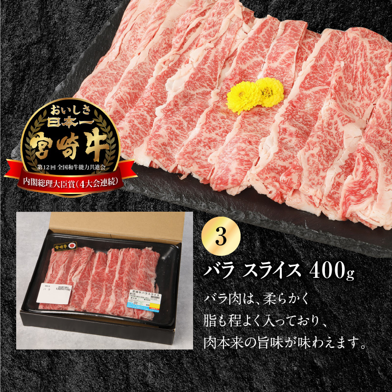 宮崎牛 肩ローススライス 300g モモスライス 400g バラスライス 400g 計1.1kg　N0147‐B815