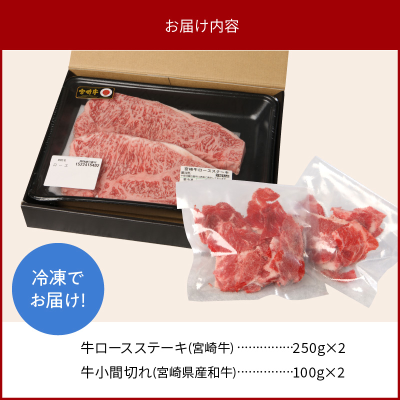 宮崎牛 ロース ステーキ 250g×2 宮崎県産和牛小間切れ 100g×2 計700g　N0147‐B813