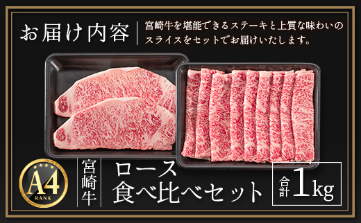 ≪肉質等級A4ランク≫宮崎牛 ロース食べ比べセット（合計1kg）【E161】