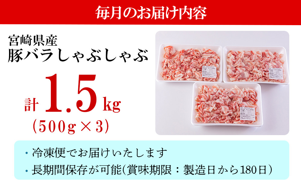 【５ヶ月定期便】 宮崎県産 豚バラ しゃぶしゃぶ 切落し 合計7.5kg 500g×3パック 小分け 冷凍 送料無料 国産 普段使い 炒め物 丼 切り落とし 薄切り うす切り セット 冷しゃぶ サラダ 野菜巻き 肉巻き ミルフィーユ 鍋 ソテー スープ 汁 餡かけ