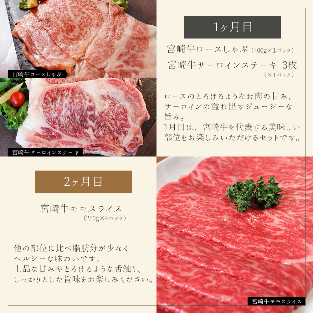 【定期便】 宮崎牛 しゃぶしゃぶ・すき焼き・ステーキ 3ヶ月コース