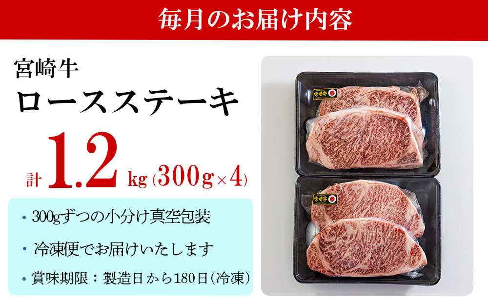 3回 定期便 宮崎牛 特上 ロース ステーキ 300g×4枚×3回 合計3.6kg 真空包装 [アグリ産業匠泰 宮崎県 美郷町 31be0034] 小分け A4等級以上 牛肉 黒毛和牛 焼肉 BBQ バーベキュー キャンプ サシ 霜降り 贅沢 とろける 柔らかい やわらかい ジューシー ステーキ丼