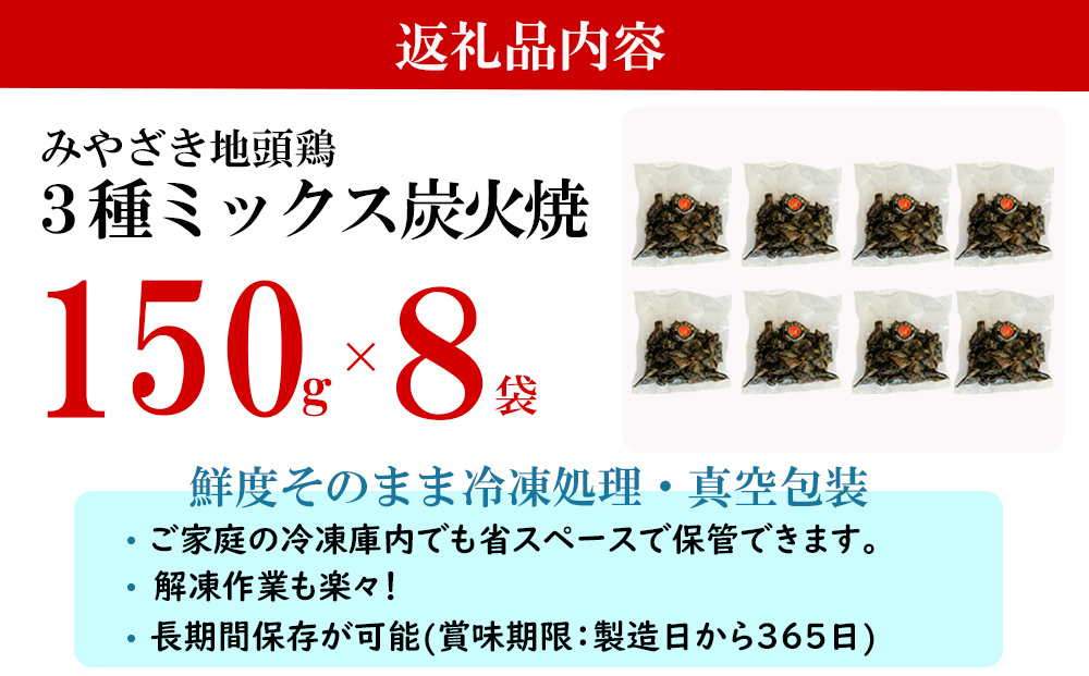 みやざき地頭鶏 3種ミックス 炭火焼 真空パック 150g×8袋 計1.2kg [美郷町みやざき地頭鶏加工組合 宮崎県 美郷町 31al0005] モモ ムネ 手羽 宮崎県産 地鶏 肉 鶏肉 ストック 大容量 日向備長炭 おつまみ 居酒屋 お酒に合う 簡単 調理 おかず お弁当 温めるだけ 湯煎 調理 加熱済み 3種