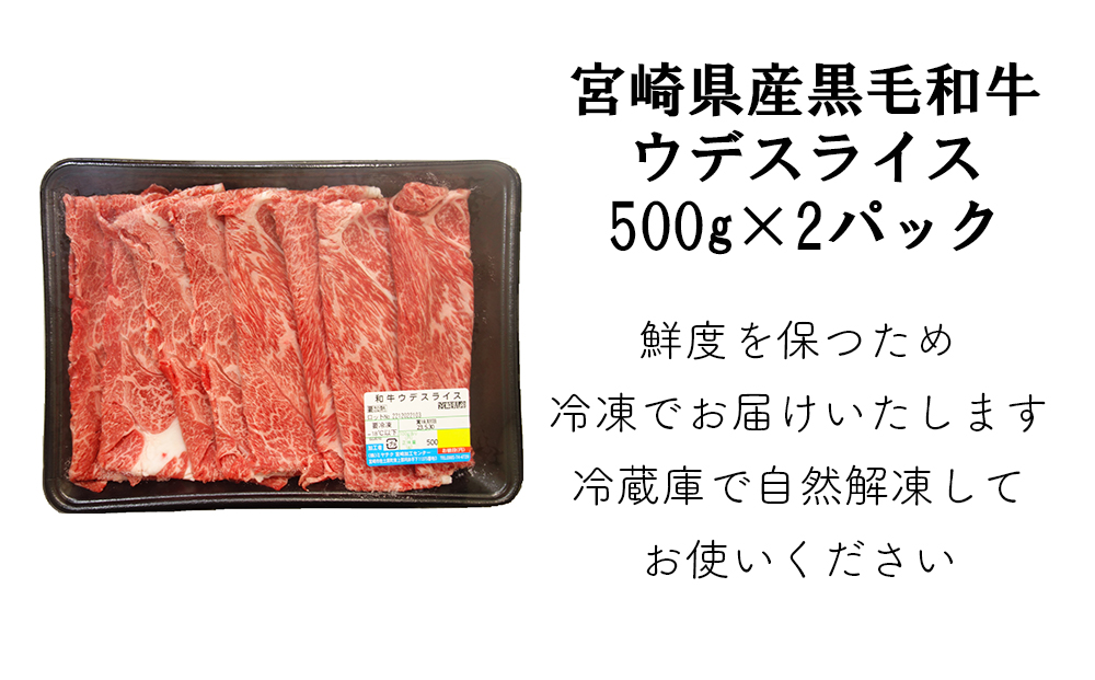 宮崎県産 黒毛和牛 ウデ スライス すき焼き しゃぶしゃぶ 500g×2 計1kg [ミヤチク 宮崎県 美郷町 31au0027] 肉 牛肉 冷凍 送料無料 国産 牛 肉 ウデ 腕 濃厚 肉巻き 肉じゃが プルコギ ビーフペッパーライス 焼きしゃぶ