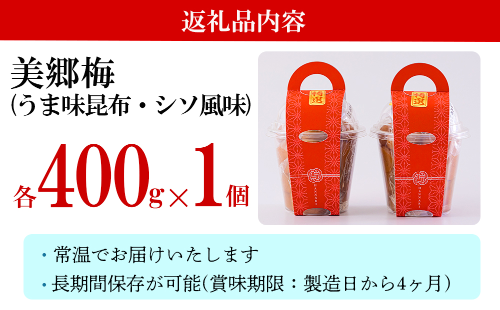 南高梅 梅干し 美郷梅 昆布 シソ風味 セット 各400g×1 3Lサイズ A級品 [農林産物直売所 美郷ノ蔵 宮崎県 美郷町 31ab0114] 国産 セット 詰め合わせ　 宮崎県産 美郷産 常温 送料無料 贈答品 父の日 母の日 プレゼント ギフト 食べ比べ 2種 贈り物 おやつ お菓子 調理 おかず 料理 普段使い