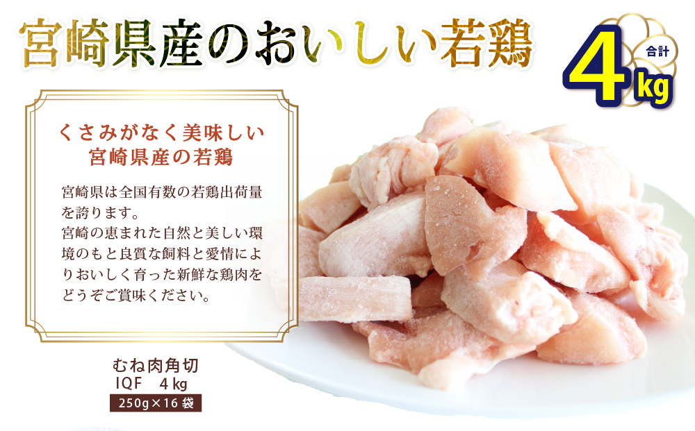 宮崎県産若鶏むね切身　ほぐれやすくて便利な小分け16袋セット　合計4㎏
