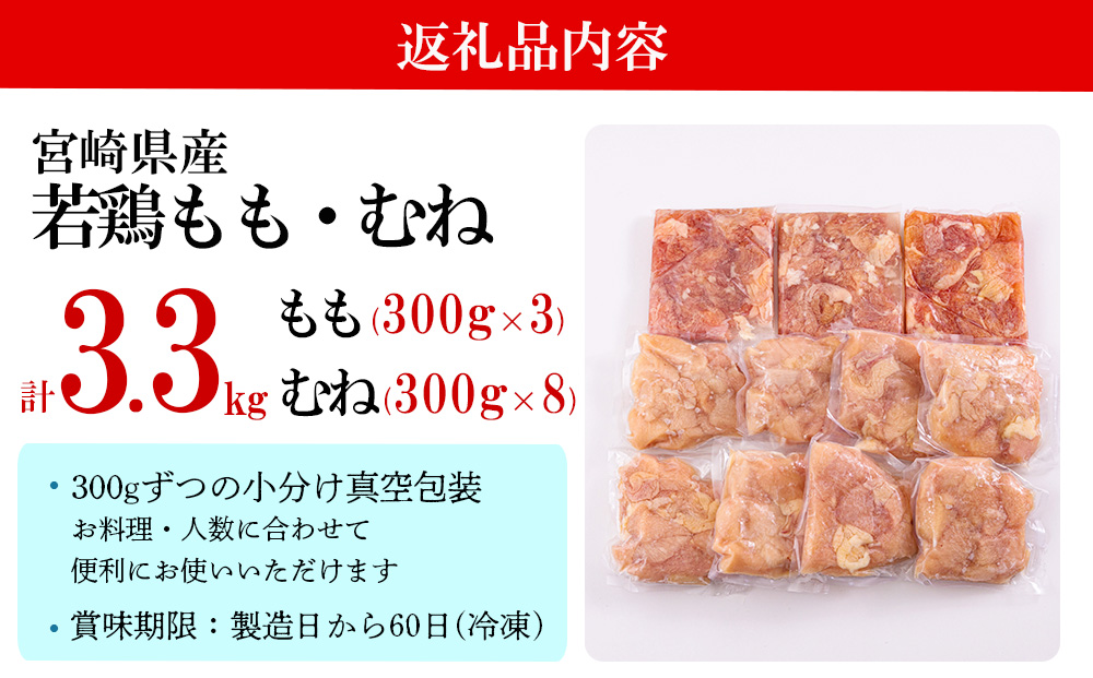 宮崎県産 若鶏 もも むね 切身 合計3.3kg 300g×11 小分け 鶏肉冷凍