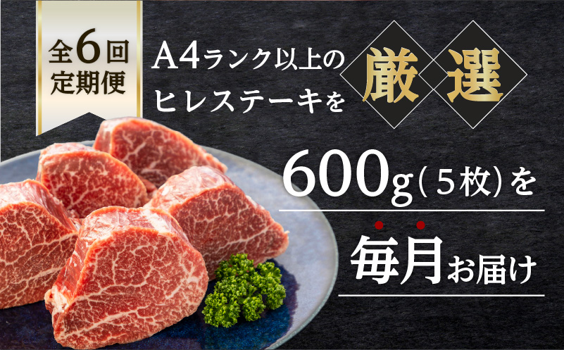 【岩元精肉店】鹿児島県産黒毛和牛ヒレステーキ5枚（600g）6ヵ月お届けコース　K045-T05