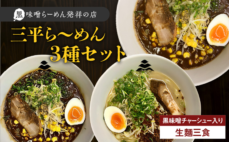 【冷凍配送】三平ら～めん 3種セット（生麺三食/黒味噌チャーシュー入り）　K029-002