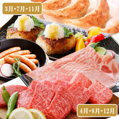 定期便4回配送　肉の定期便 EE-6016【1491491】 ふるさと納税 定期便 牛肉 豚肉 肉 黒豚 焼肉 ブロック肉 生ハム 餃子