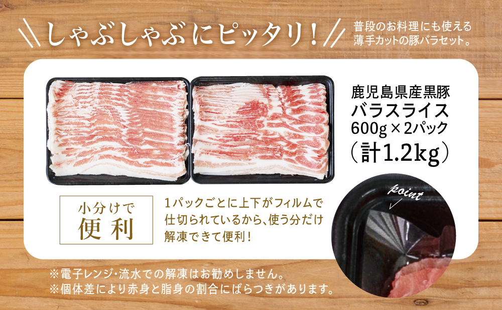 【鹿児島県産】黒豚 バラスライス 1.2kg（600g×2）