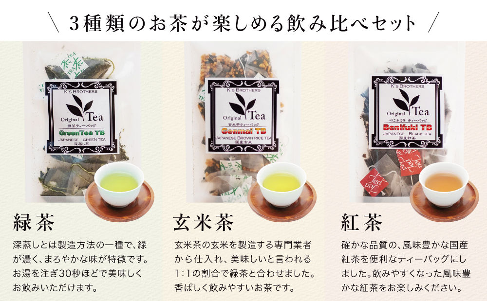 【小牧緑峰園】3種の鹿児島茶セット［緑茶・玄米茶・紅茶］ 計60個(各10個×6袋) ティーバッグタイプ 鹿児島県産 かごしま お茶 日本茶 緑茶 紅茶 小分け 便利 飲み比べ 南さつま市