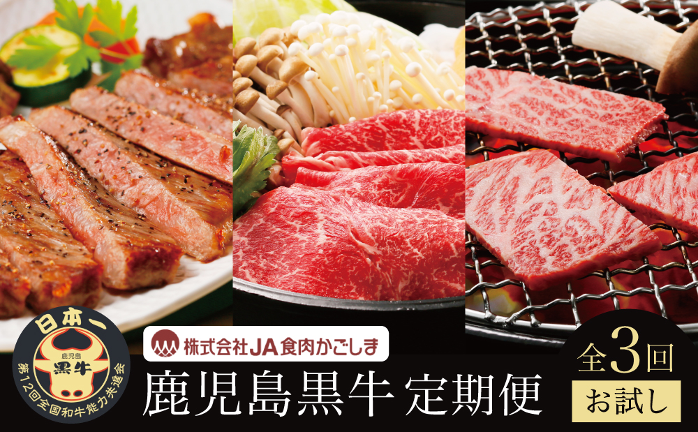 【JA食肉かごしま】鹿児島黒牛お試し定期便（全3回） 和牛日本一の「鹿児島黒牛」お肉 ステーキ すき焼き しゃぶしゃぶ 黒毛和牛 牛肉 定期便 南さつま市