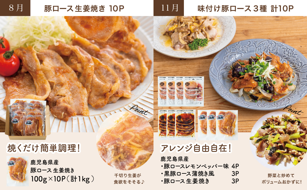 【定期便 全4回】鹿児島県産 味付け豚ロース食べ比べ おかず定期便 レモンペッパー 蒲焼き風 生姜焼き 電子レンジ対応 お手軽 簡単 惣菜 お弁当 定期配送 冷凍 豚肉 コワダヤ 南さつま