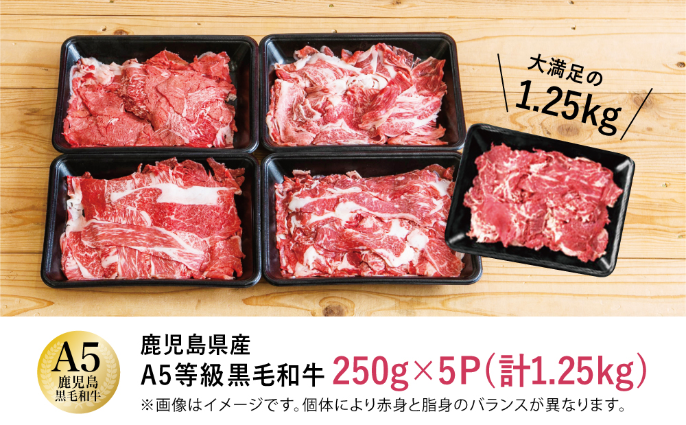 【訳あり】鹿児島県産 A5等級黒毛和牛切落し 計1.25kg（250g×5P） 国産牛 牛肉 国産 おかず カレー 牛丼 肉じゃが カミチク 切り落とし 小分けパック 冷凍