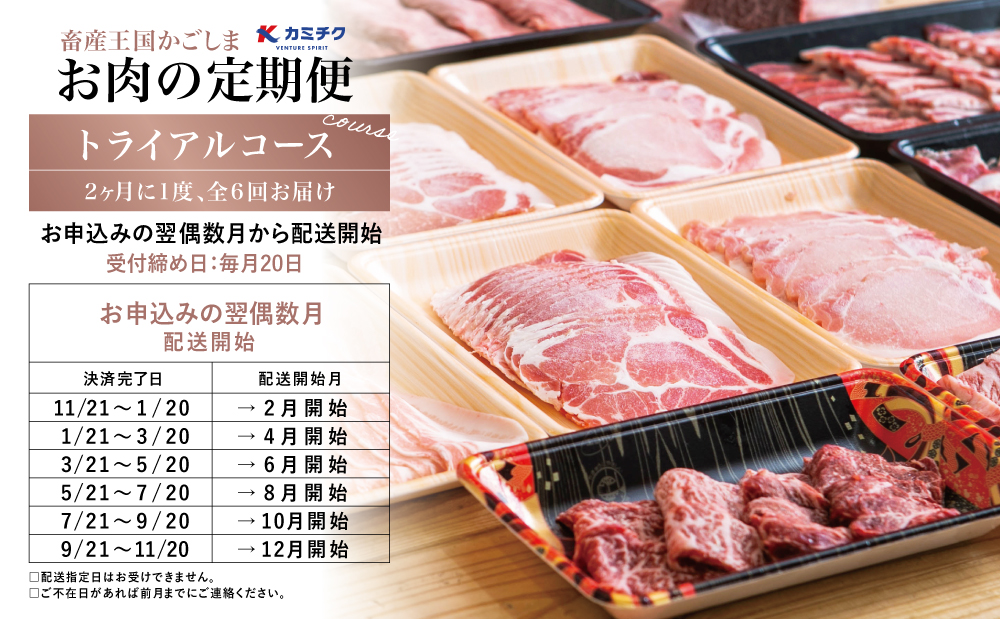 【定期便 全6回】情熱牧場 鹿児島県産お肉の定期便 トライアルコース お肉 ステーキ すき焼き しゃぶしゃぶ A5等級 黒毛和牛 牛肉 豚肉 焼肉 定期便 冷凍 カミチク 南さつま市