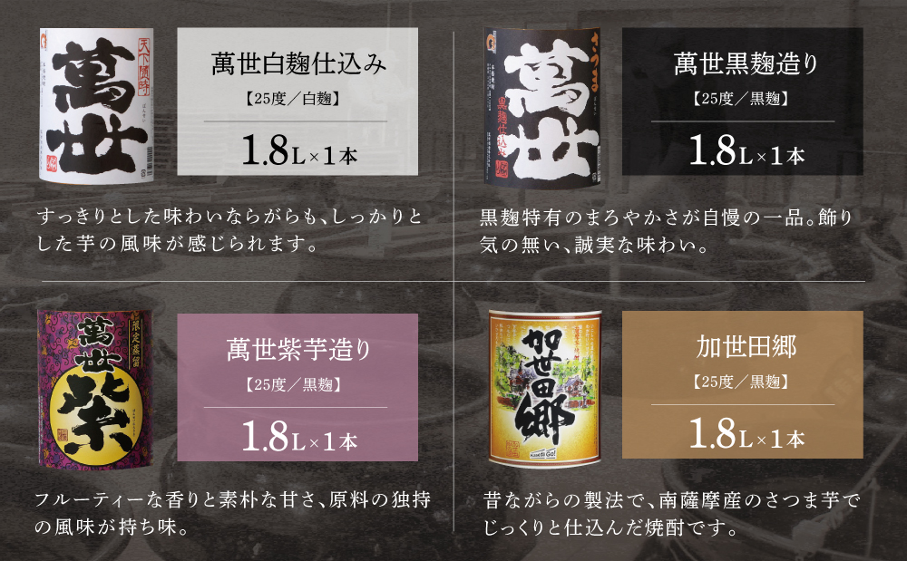 【蔵元直送】萬世酒造 萬世飲み比べ1.8L×4本セット 本格芋焼酎 芋焼酎 25度 白麹 黒麹 萬世 加世田郷 限定 米麹 ハイボール 飲み比べ お湯割り 水割り ロック ギフト セット 南さつま市