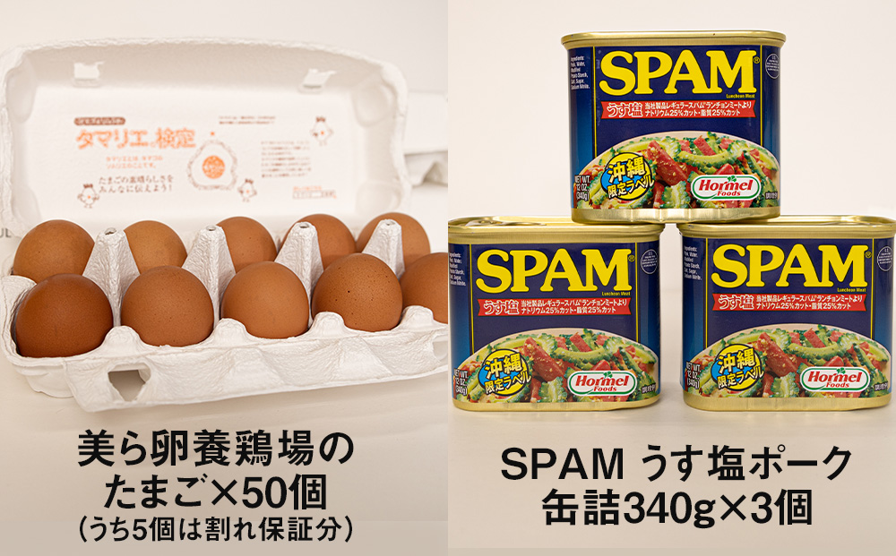 「美ら卵養鶏場の卵」と「SPAMうす塩」ポーク缶詰セット